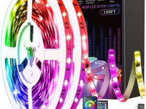 أضواء Tenmiro LED لغرفة النوم 100 قدم (2 لفات من 50 قدمًا) أضواء شريط LED متغيرة الألوان ومزامنة الموسيقى مع التحكم عن بعد والتطبيق شريط LED 5050 RGB ، مصابيح LED لتزيين الحفلات المنزلية في الغرفة