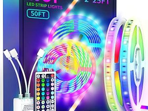 أضواء شريطية LED مع جهاز تحكم عن بعد 44 مفتاحًا بطول 50 قدمًا ، مصابيح LED متعددة الألوان RGB SMD5050 ، شريط إضاءة LED متغير اللون 12 فولت لغرفة النوم ، الغرفة ، التلفزيون ، ديكور DIY (44 مفتاحًا للتحكم عن بعد + 25 قدمًا × 2 + داخلي فقط)